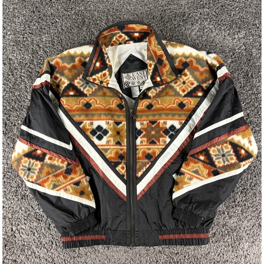 Vintage East West 80s Southwestern Fleece Nylon Bomber Jacket Black Medium